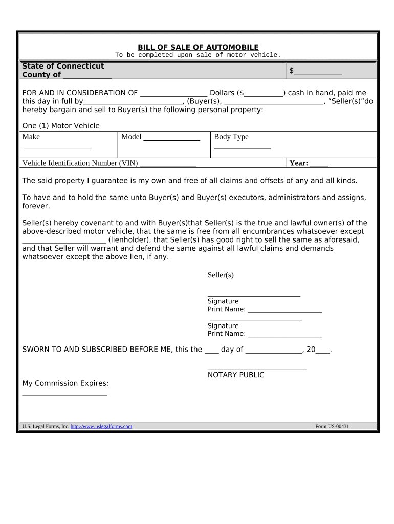 Bill of Sale of Automobile and Odometer Statement Connecticut  Form