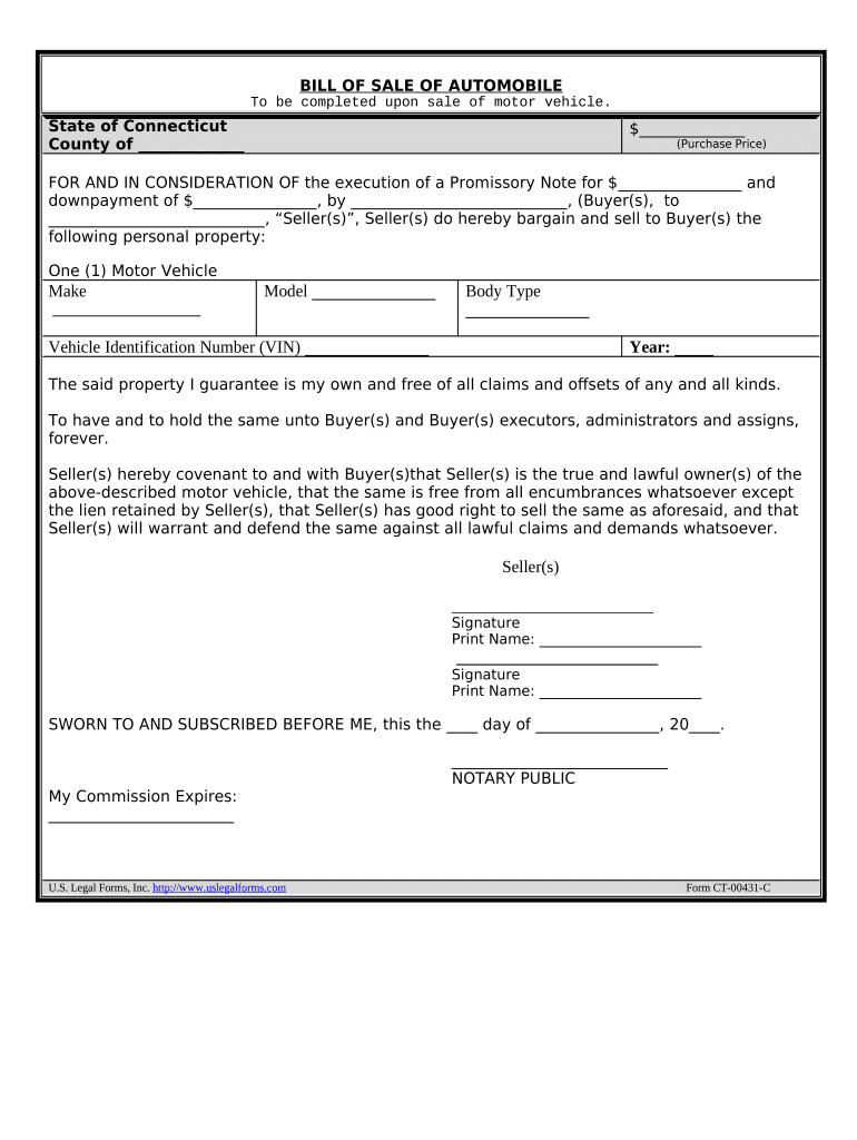 Bill of Sale for Automobile or Vehicle Including Odometer Statement and Promissory Note Connecticut  Form