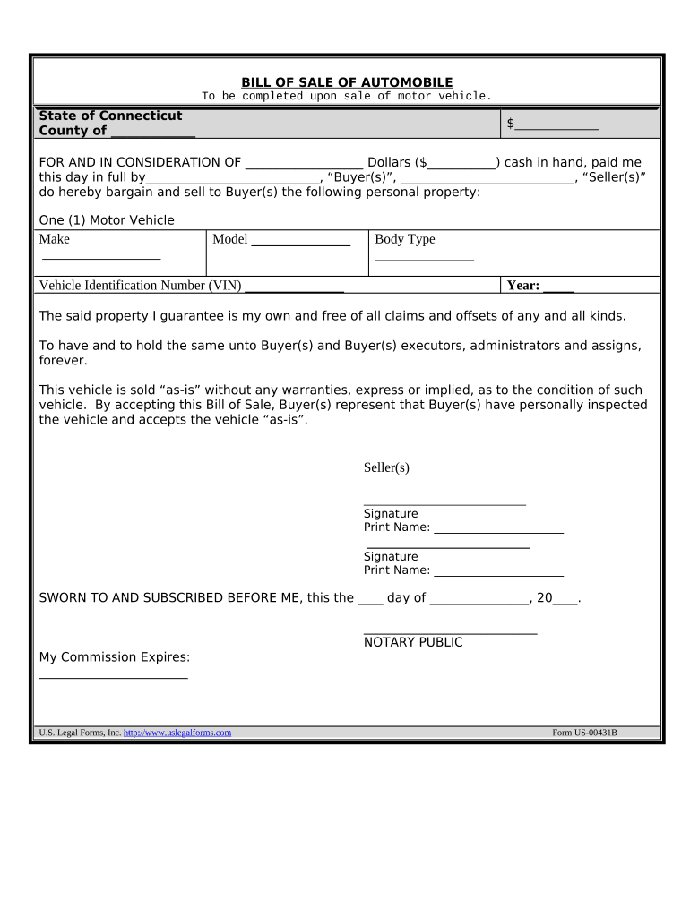 Bill of Sale of Automobile and Odometer Statement for as is Sale Connecticut  Form