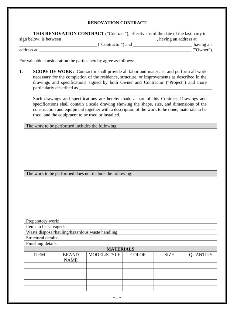 Renovation Contract for Contractor Connecticut  Form