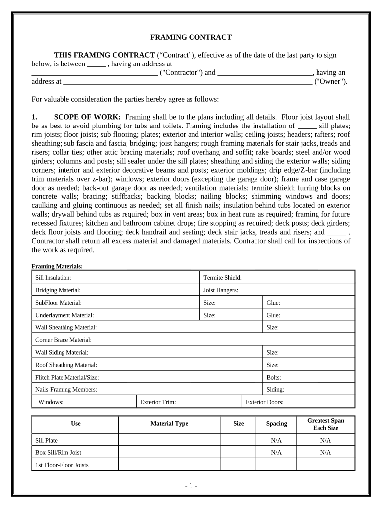 Framing Contract for Contractor Connecticut  Form