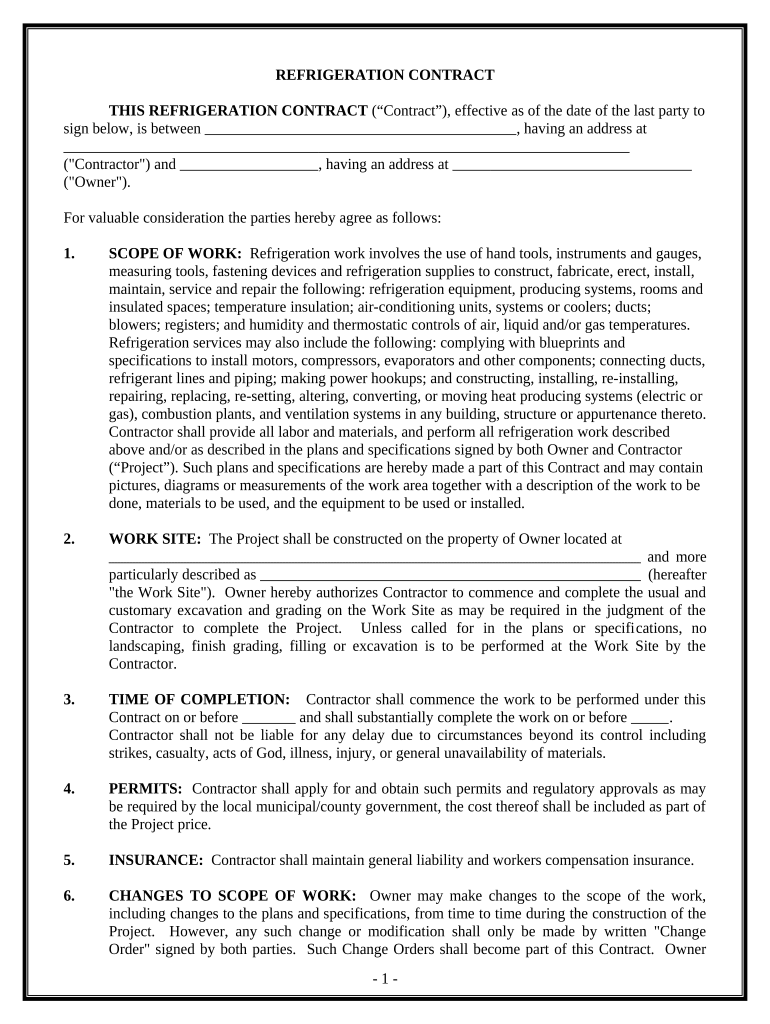 Refrigeration Contract for Contractor Connecticut  Form