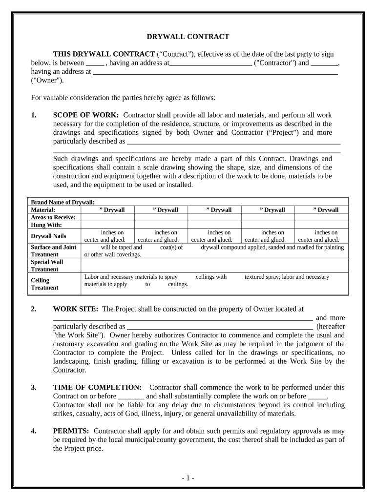 Sheetrock Drywall Contract for Contractor Connecticut  Form