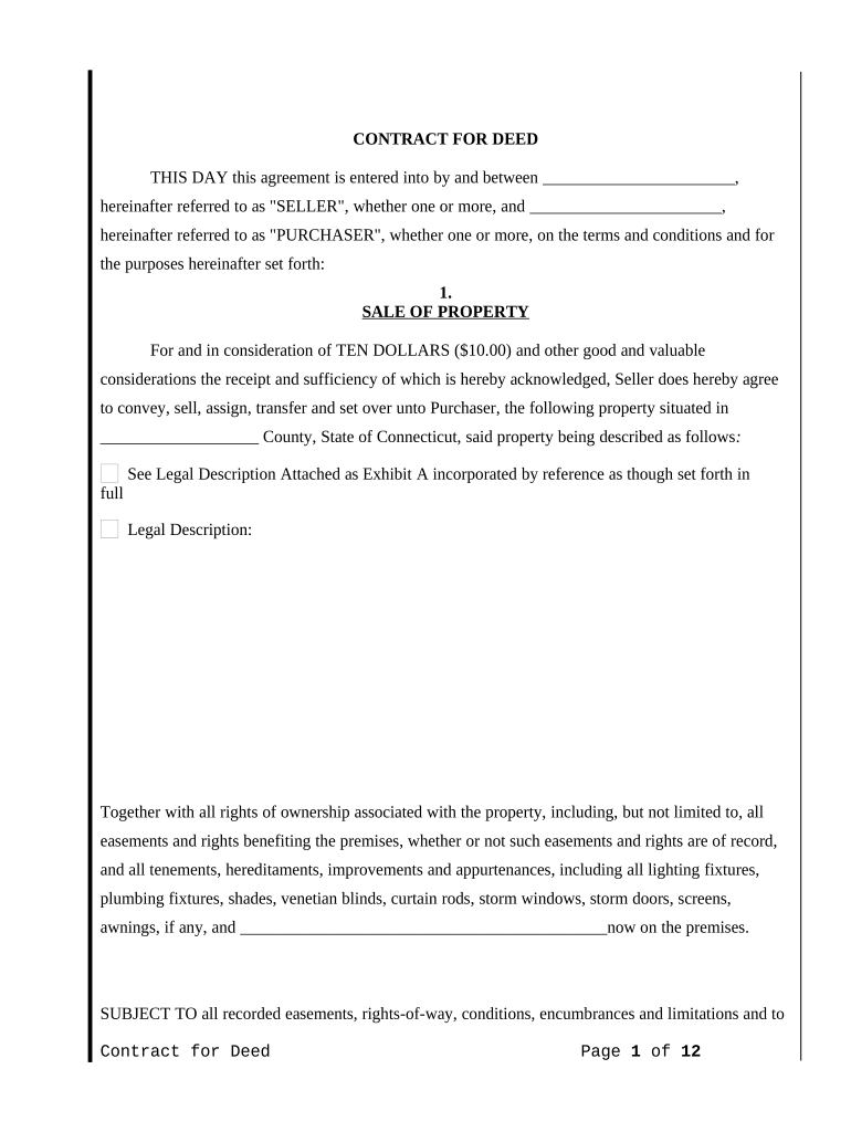 Agreement or Contract for Deed for Sale and Purchase of Real Estate Aka Land or Executory Contract Connecticut  Form