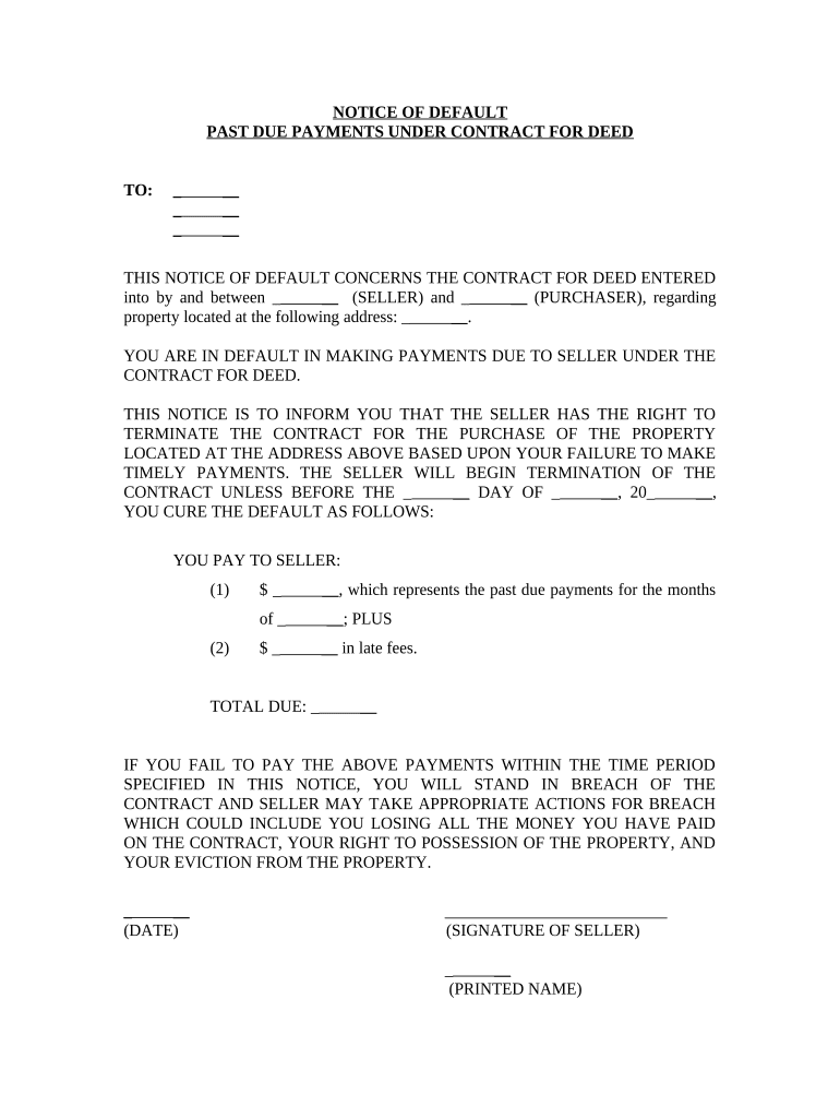 Notice of Default for Past Due Payments in Connection with Contract for Deed Connecticut  Form