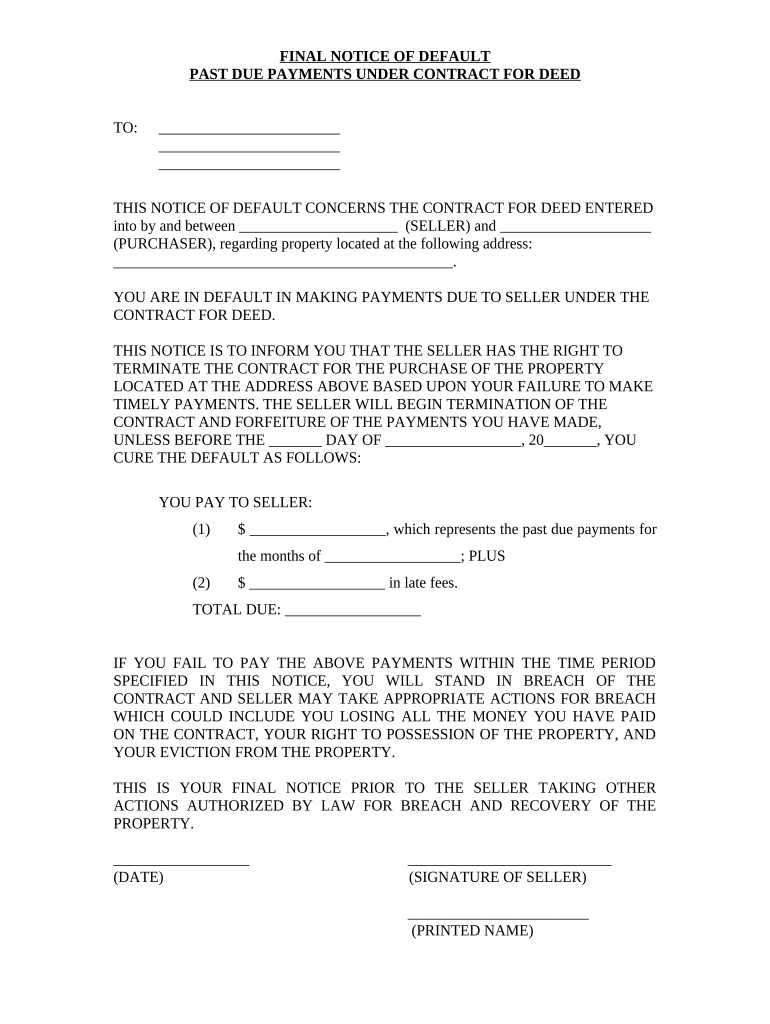 Final Notice of Default for Past Due Payments in Connection with Contract for Deed Connecticut  Form