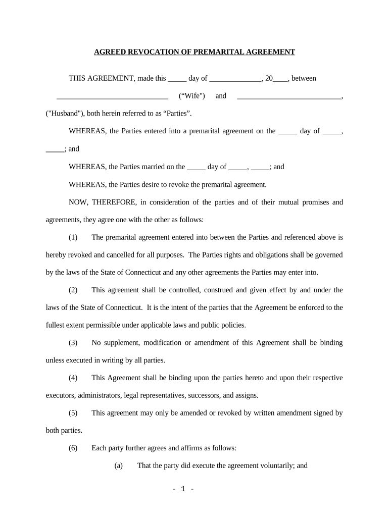 Revocation of Premarital or Prenuptial Agreement Connecticut  Form