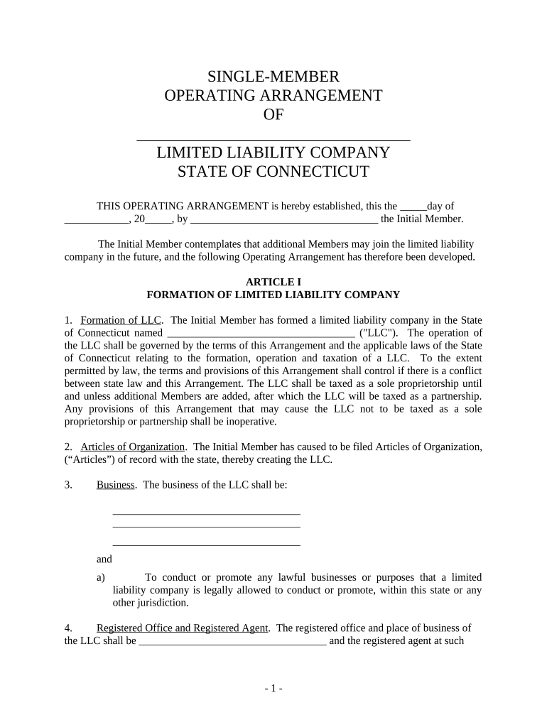 Single Member Limited Liability Company LLC Operating Agreement Connecticut  Form