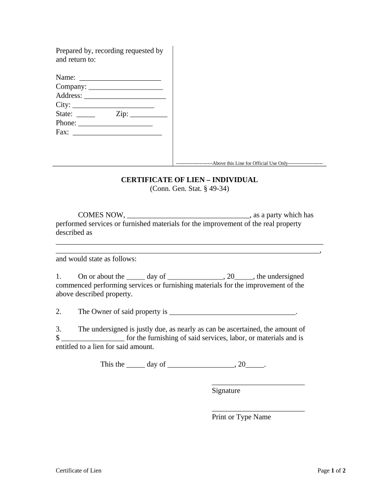 Certificate Lien Form