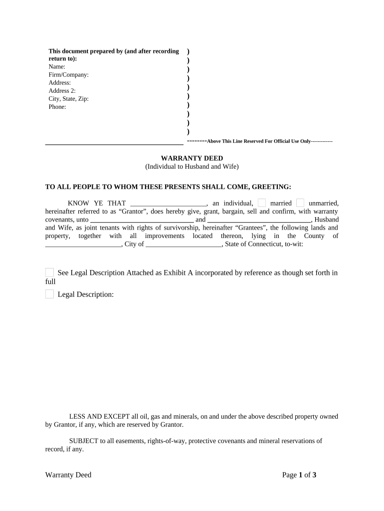 Warranty Deed from Individual to Husband and Wife Connecticut  Form