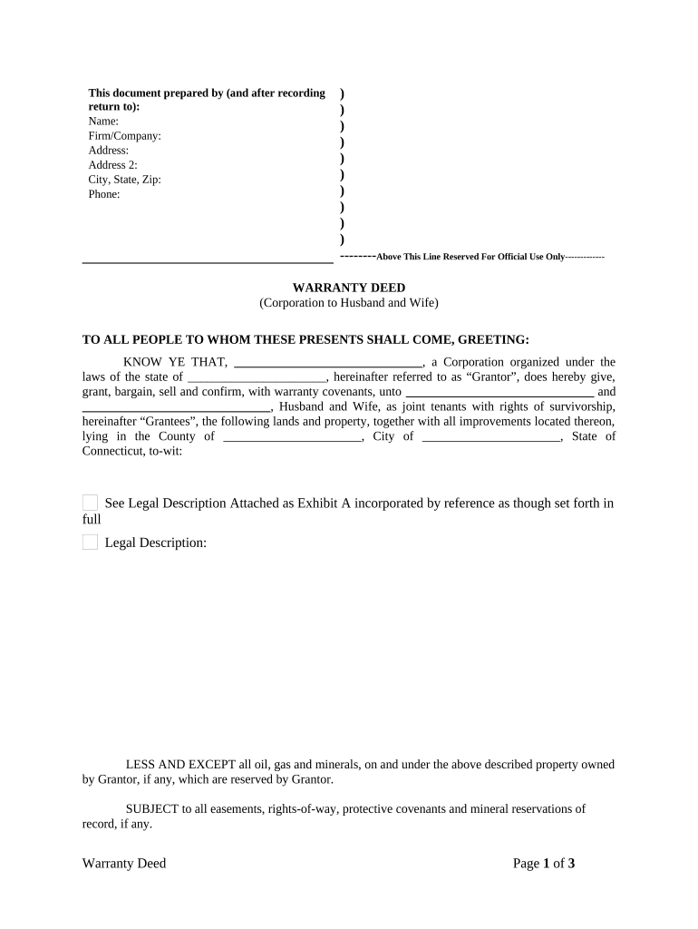 Warranty Deed from Corporation to Husband and Wife Connecticut  Form