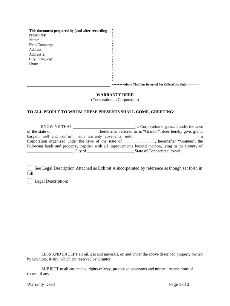 Warranty Deed from Corporation to Corporation Connecticut  Form