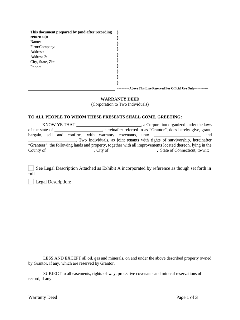 Warranty Deed from Corporation to Two Individuals Connecticut  Form