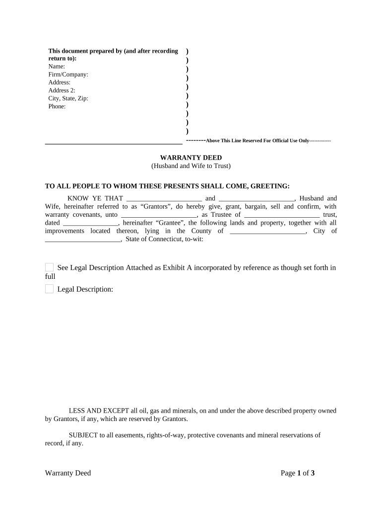 Warranty Deed from Husband and Wife to a Trust Connecticut  Form