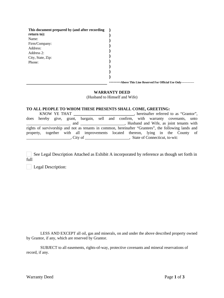 Warranty Deed from Husband to Himself and Wife Connecticut  Form