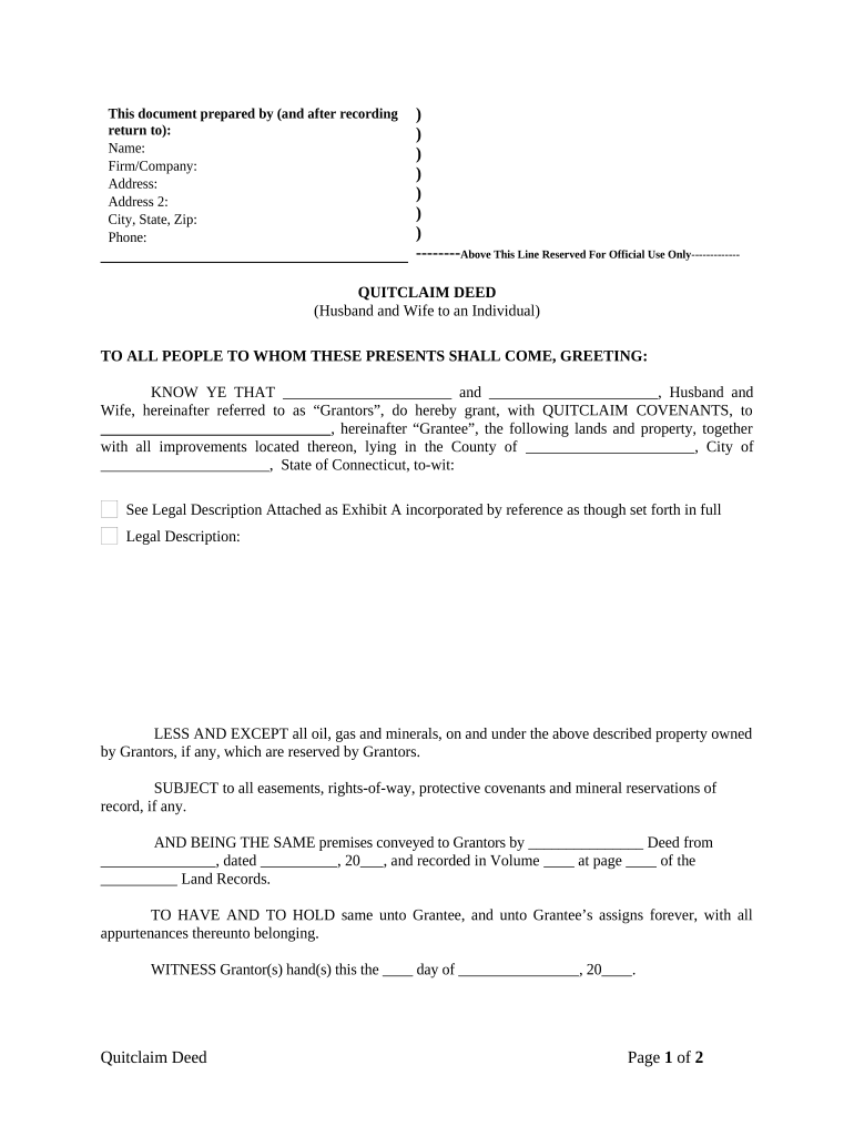 Quitclaim Deed from Husband and Wife to an Individual Connecticut  Form