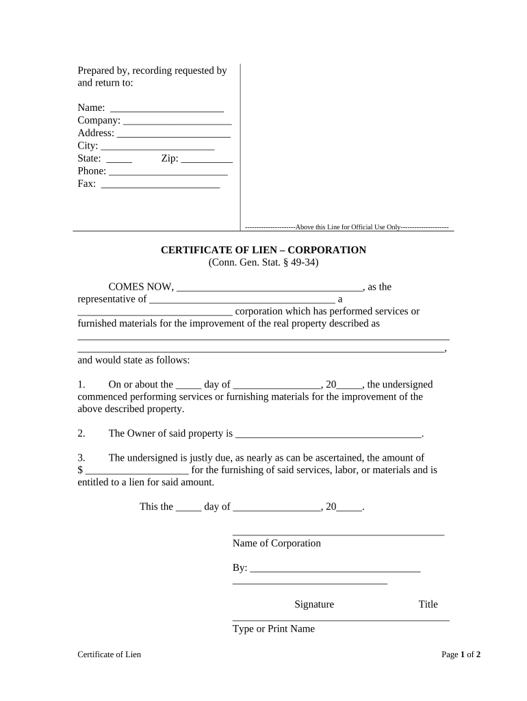 Connecticut Certificate Lien  Form