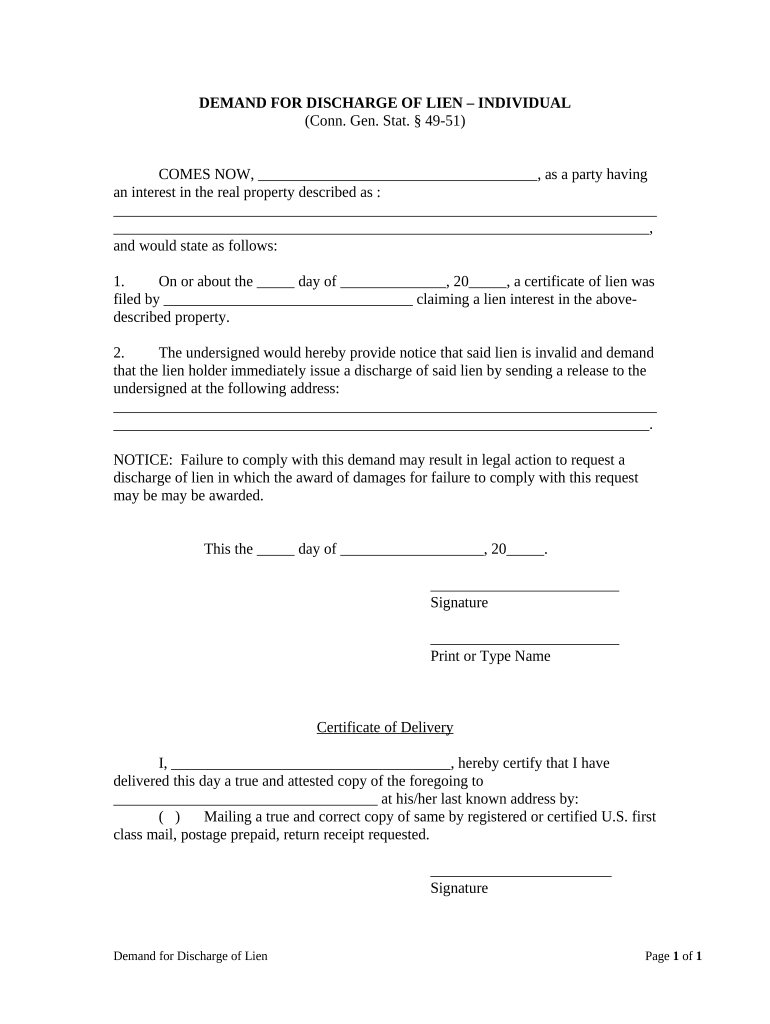 Demand for Discharge Individual Connecticut  Form