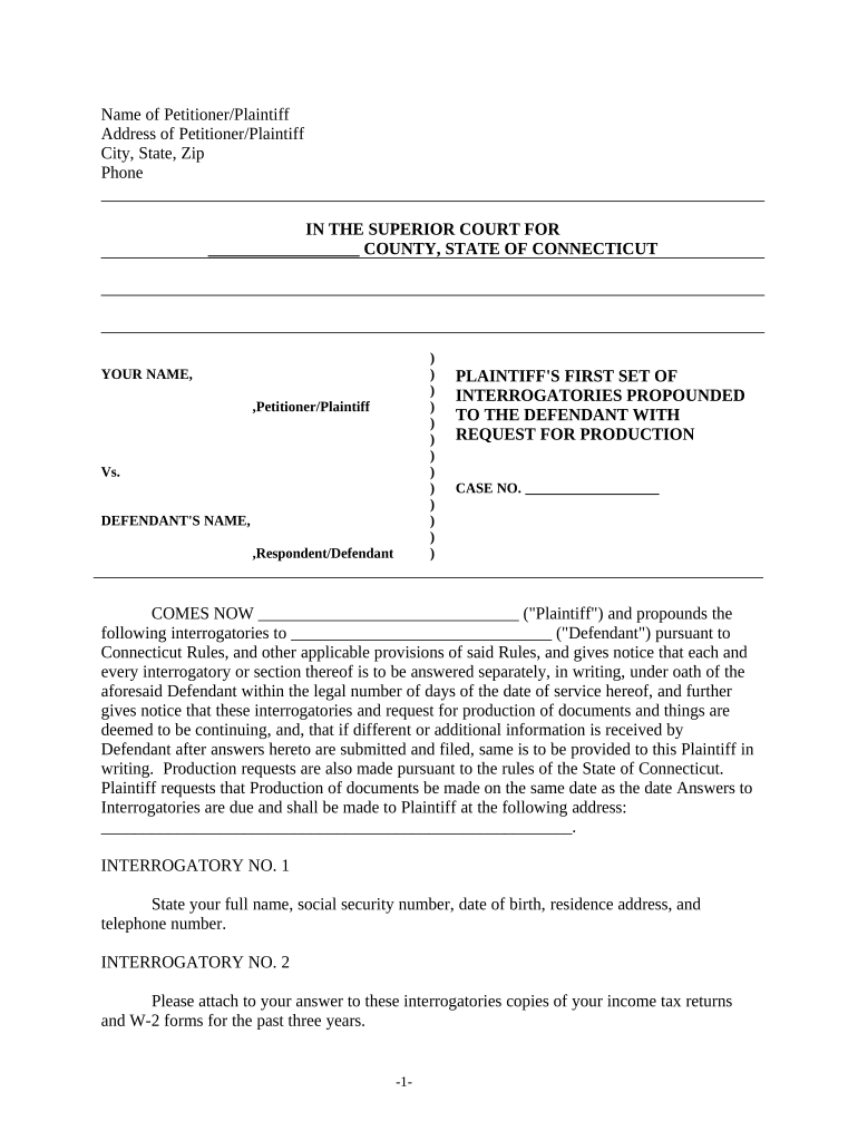 Discovery Interrogatories from Plaintiff to Defendant with Production Requests Connecticut  Form