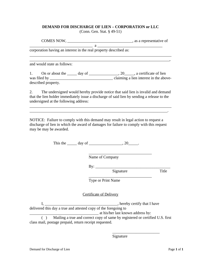 Demand for Discharge by Corporation or LLC Connecticut  Form