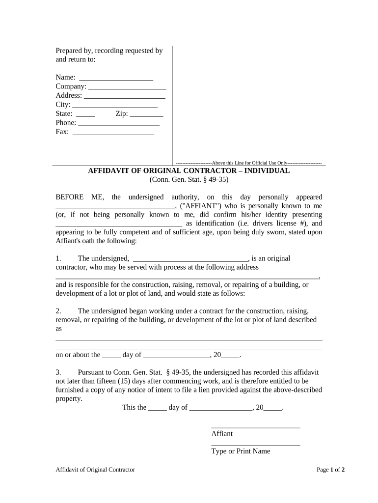 Affidavit of Original Contractor by Individual Connecticut  Form