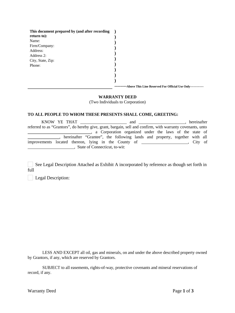 Warranty Deed from Two Individuals to Corporation Connecticut  Form
