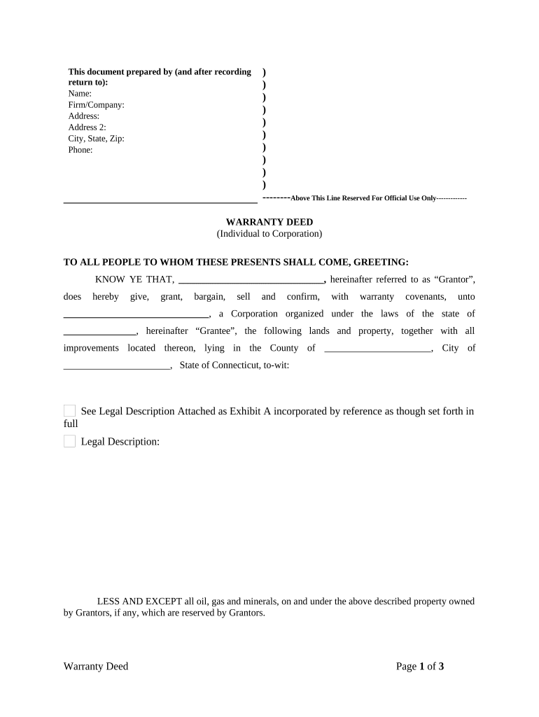 Warranty Deed from Individual to Corporation Connecticut  Form