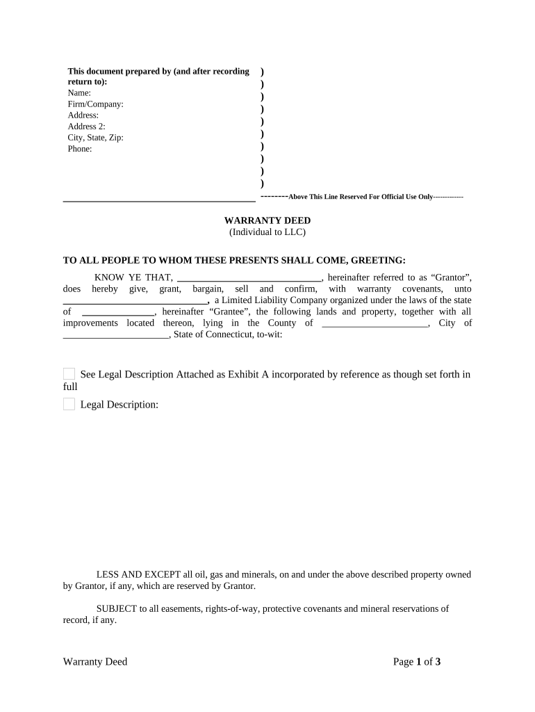 Warranty Deed from Individual to LLC Connecticut  Form
