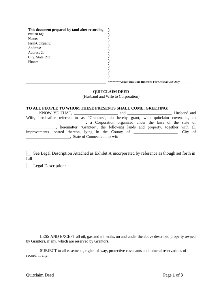 Quitclaim Deed from Husband and Wife to Corporation Connecticut  Form