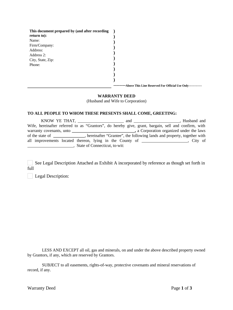Warranty Deed from Husband and Wife to Corporation Connecticut  Form
