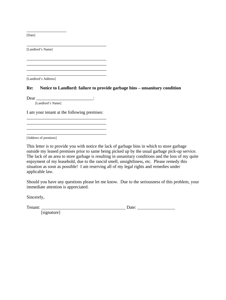 Letter from Tenant to Landlord with Demand that Landlord Provide Proper Outdoor Garbage Receptacles Connecticut  Form