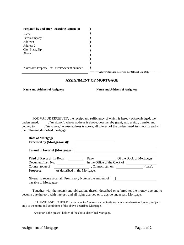 Assignment of Mortgage by Individual Mortgage Holder Connecticut  Form