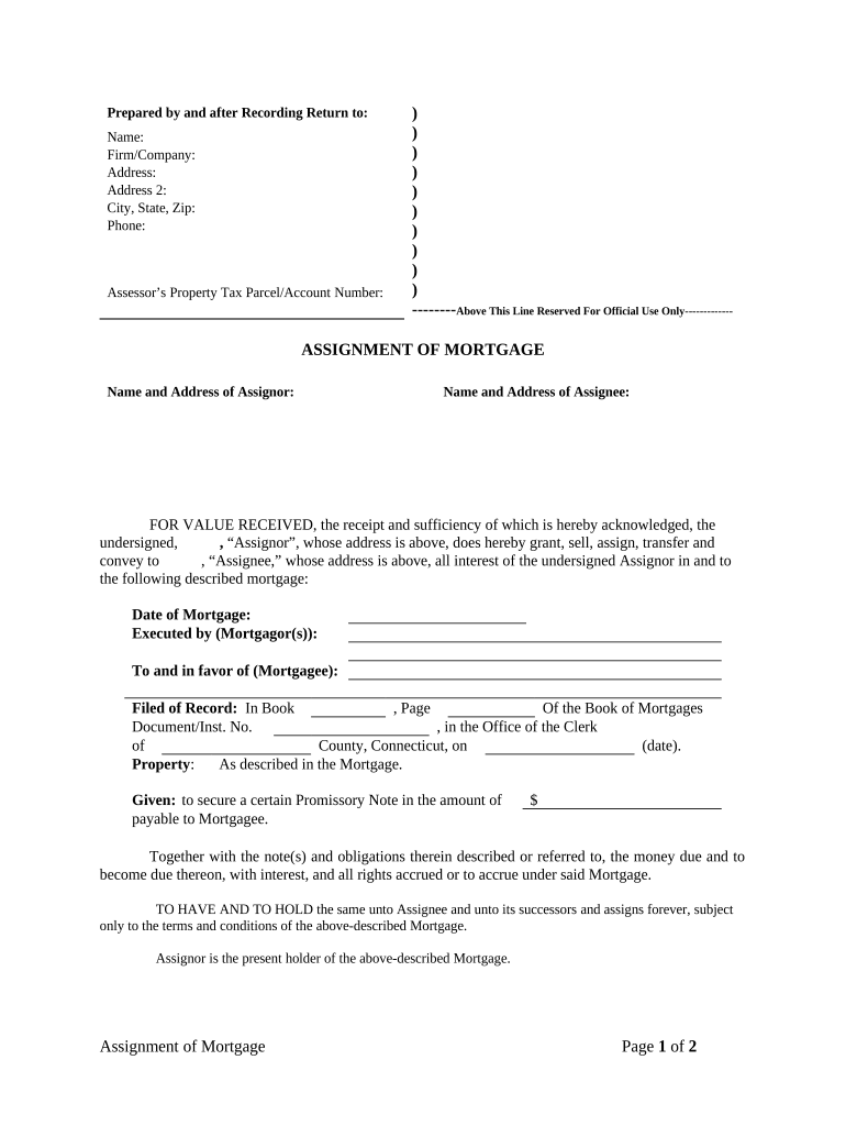 Assignment of Mortgage by Corporate Mortgage Holder Connecticut  Form