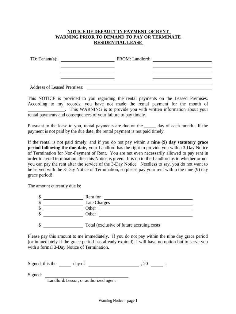 Notice of Default in Payment of Rent as Warning Prior to Demand to Pay or Terminate for Residential Property Connecticut  Form