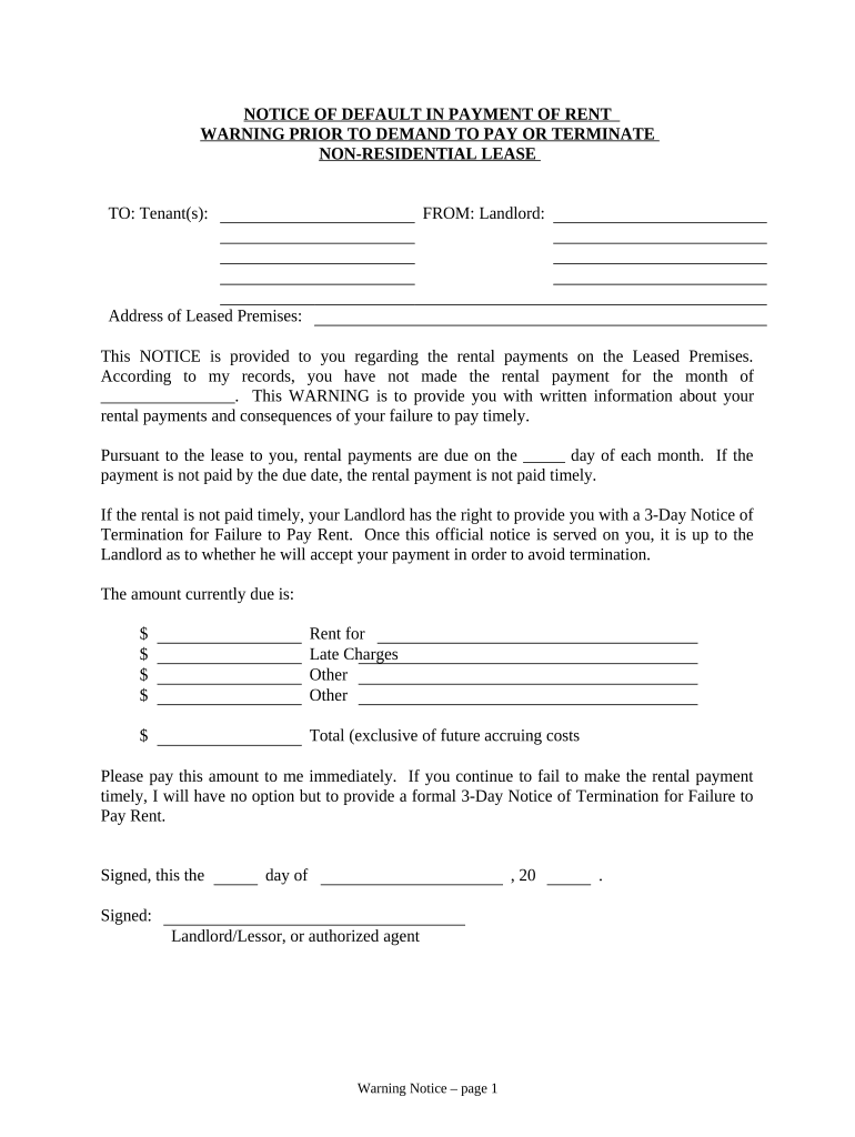 Notice of Default in Payment of Rent as Warning Prior to Demand to Pay or Terminate for Nonresidential or Commercial Property Co  Form