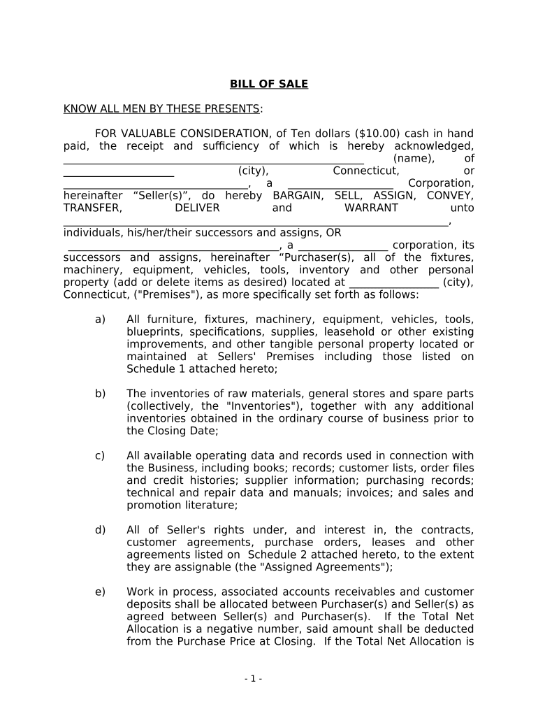 Bill of Sale in Connection with Sale of Business by Individual or Corporate Seller Connecticut  Form