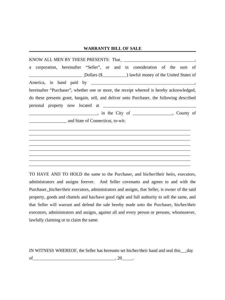 Bill of Sale with Warranty for Corporate Seller Connecticut  Form