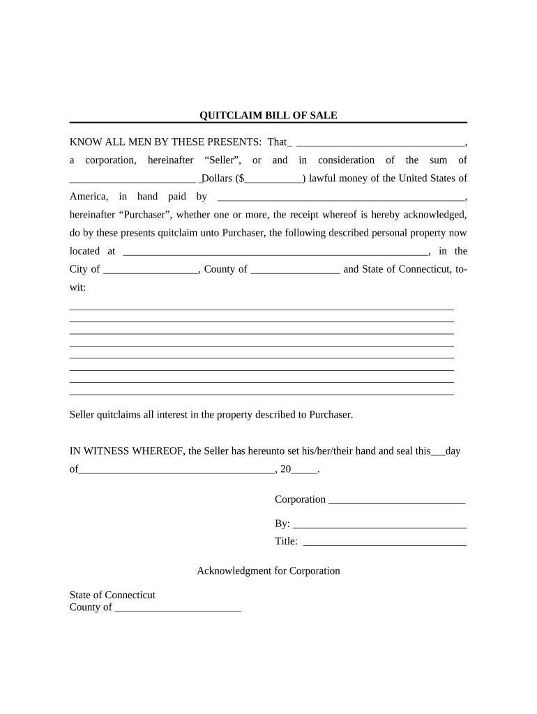 Bill of Sale Without Warranty by Corporate Seller Connecticut  Form