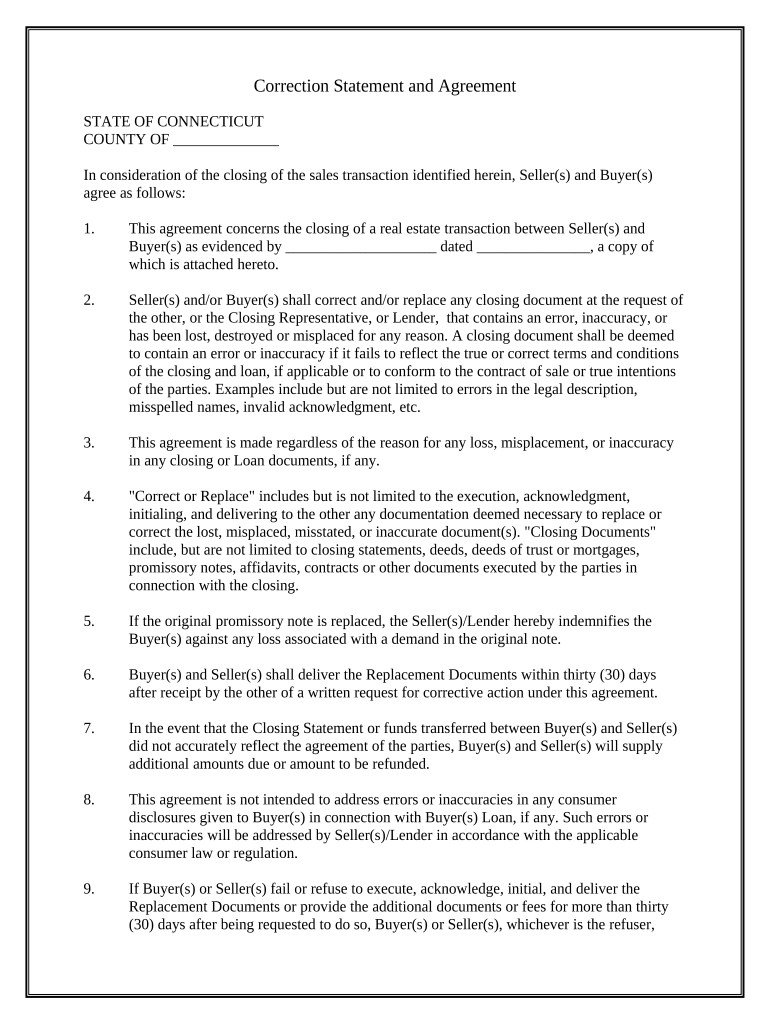 Correction Statement and Agreement Connecticut  Form