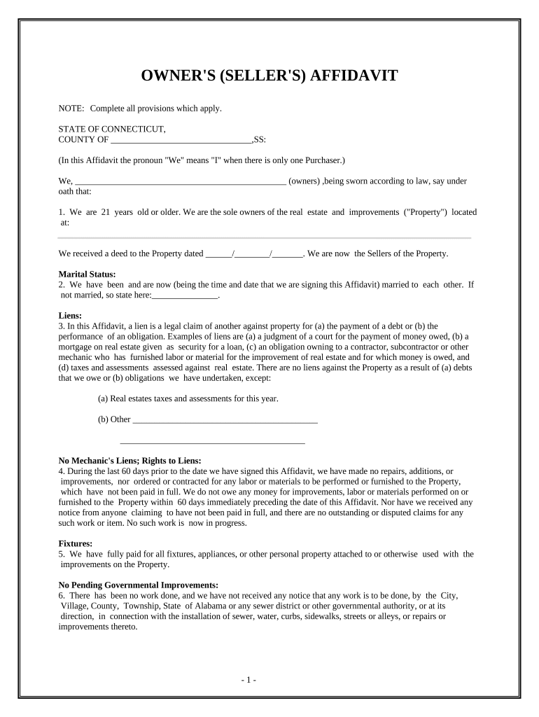 Owner's or Seller's Affidavit of No Liens Connecticut  Form