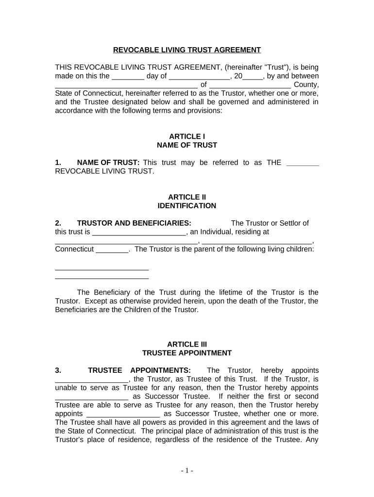 Living Trust for Individual, Who is Single, Divorced or Widow or Widower with Children Connecticut  Form