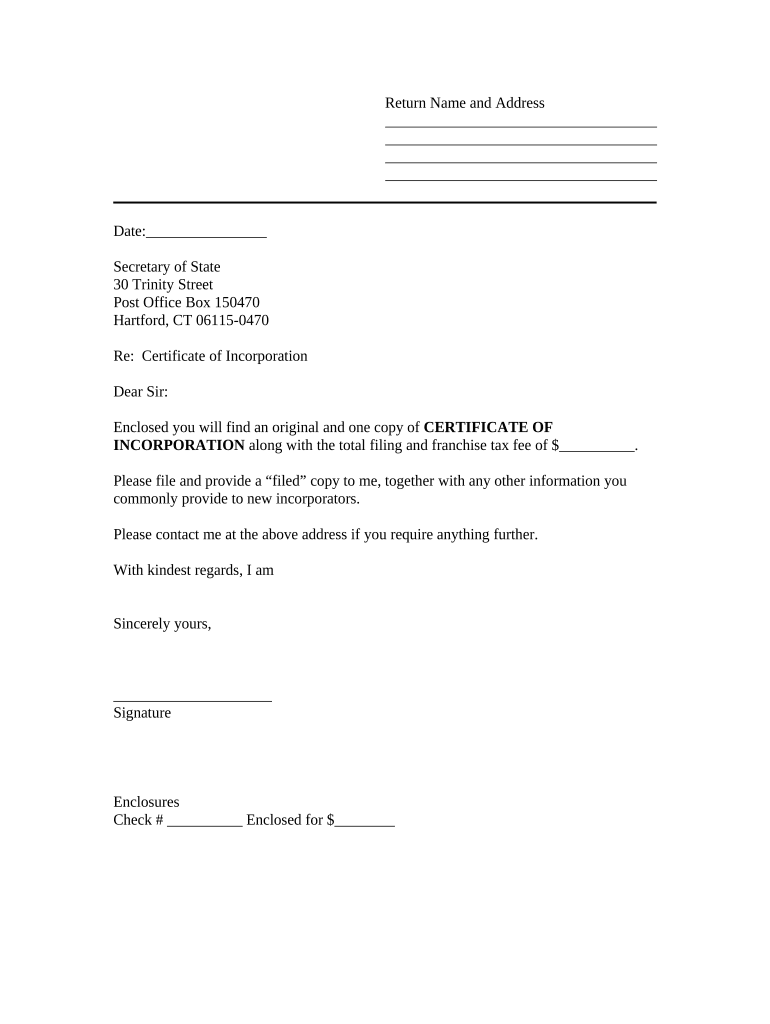 Sample Transmittal Letter to Secretary of State's Office to File Articles of Incorporation Connecticut Connecticut  Form