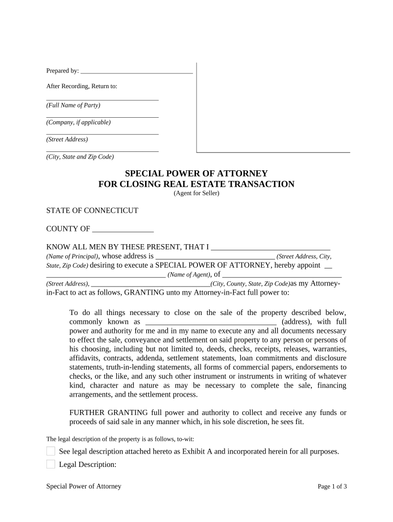 Special or Limited Power of Attorney for Real Estate Sales Transaction by Seller Connecticut  Form