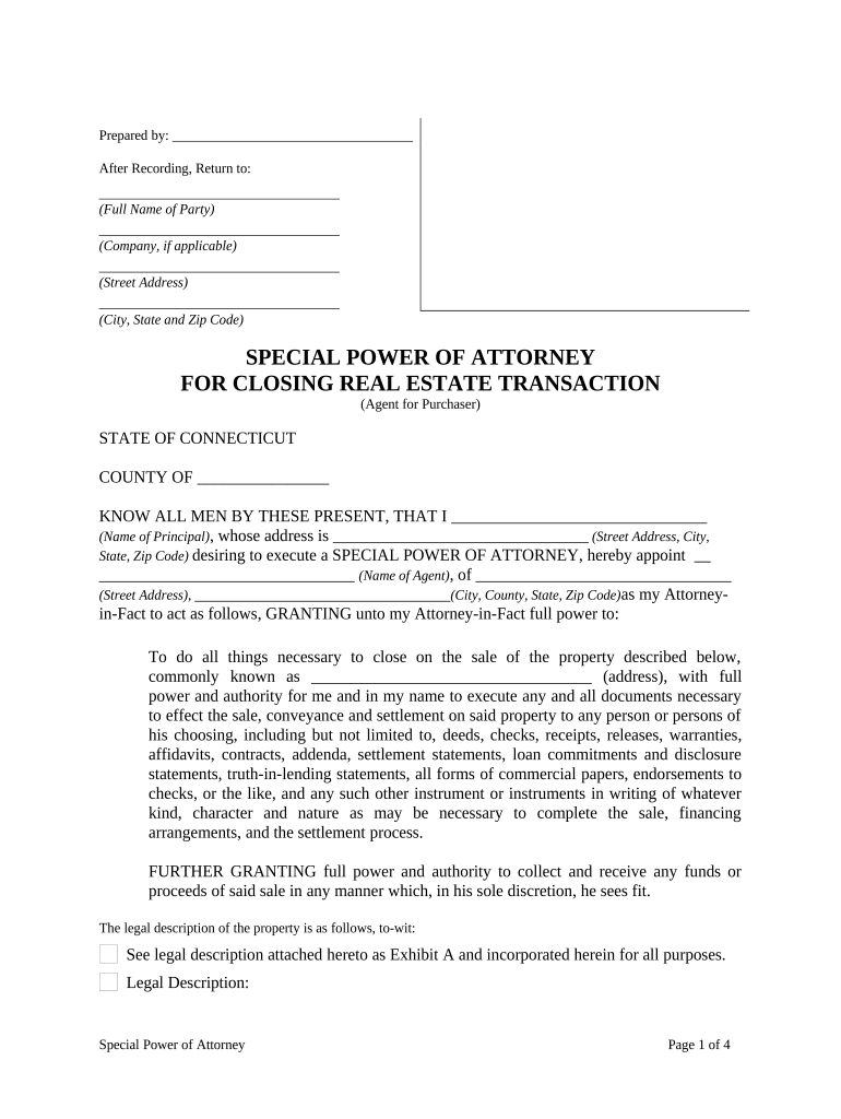 Special or Limited Power of Attorney for Real Estate Purchase Transaction by Purchaser Connecticut  Form