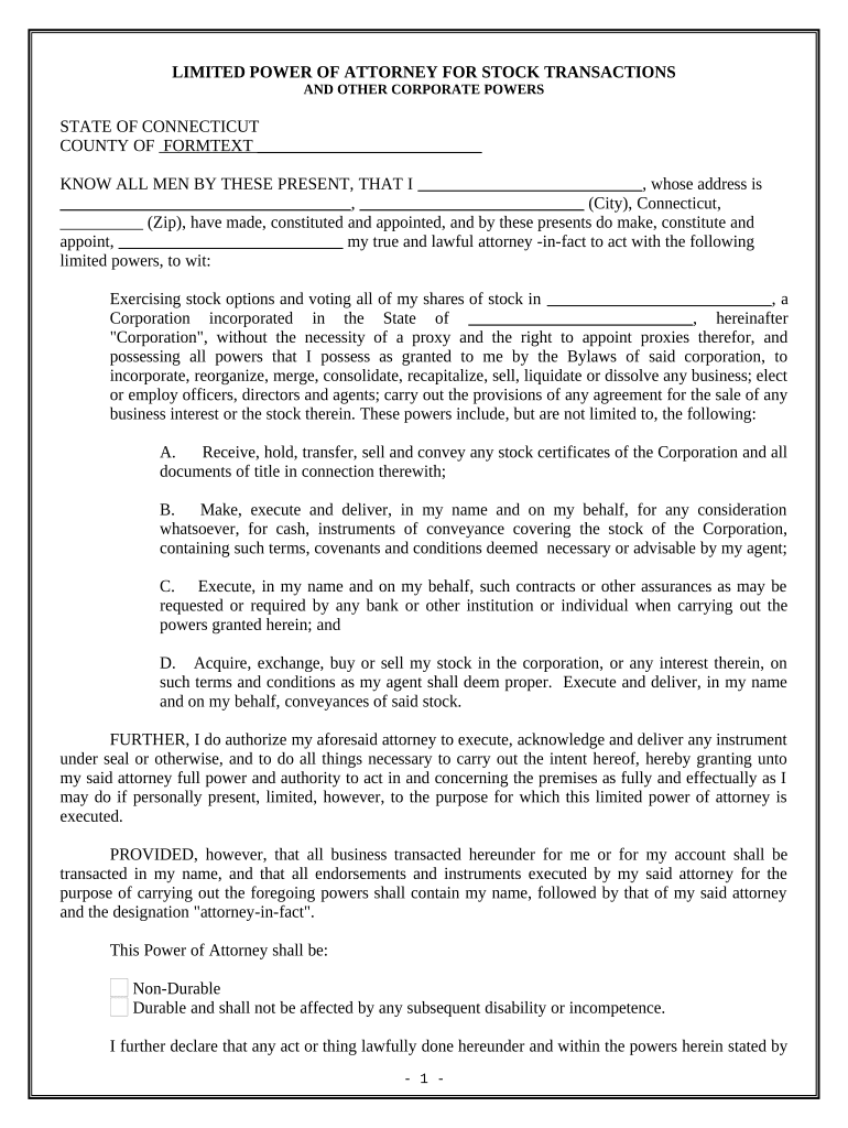 Limited Power of Attorney for Stock Transactions and Corporate Powers Connecticut  Form