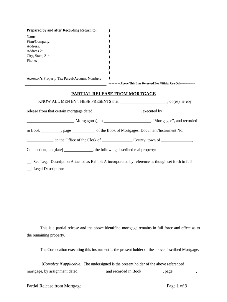 Partial Release of Property from Mortgage for Corporation Connecticut  Form