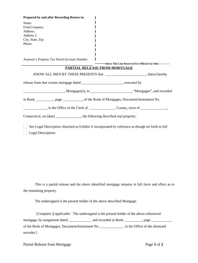 Partial Release of Property from Mortgage by Individual Holder Connecticut  Form