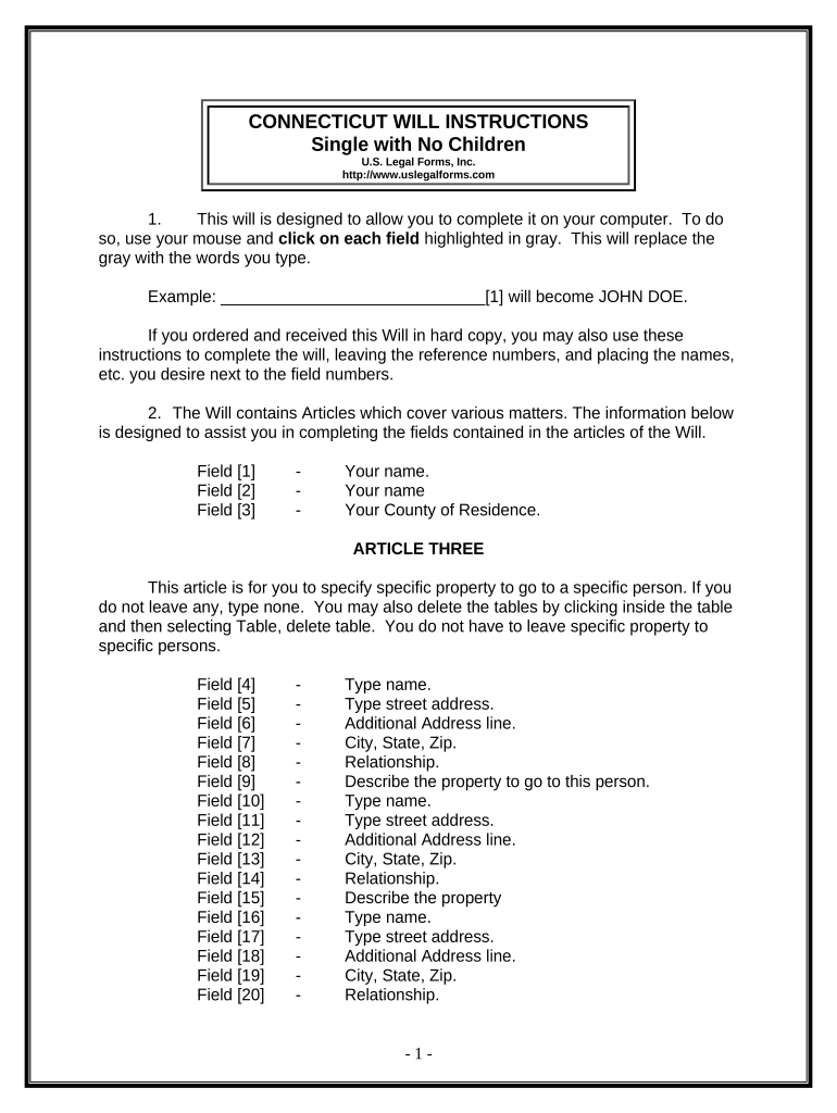 Legal Last Will and Testament Form for Single Person with No Children Connecticut