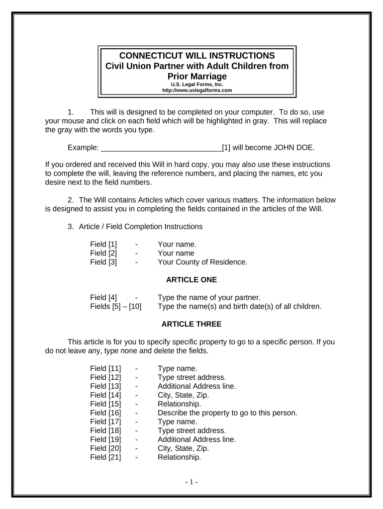 Legal Last Will and Testament Form for Civil Union Partner with Adult Children from Prior Marriage Connecticut