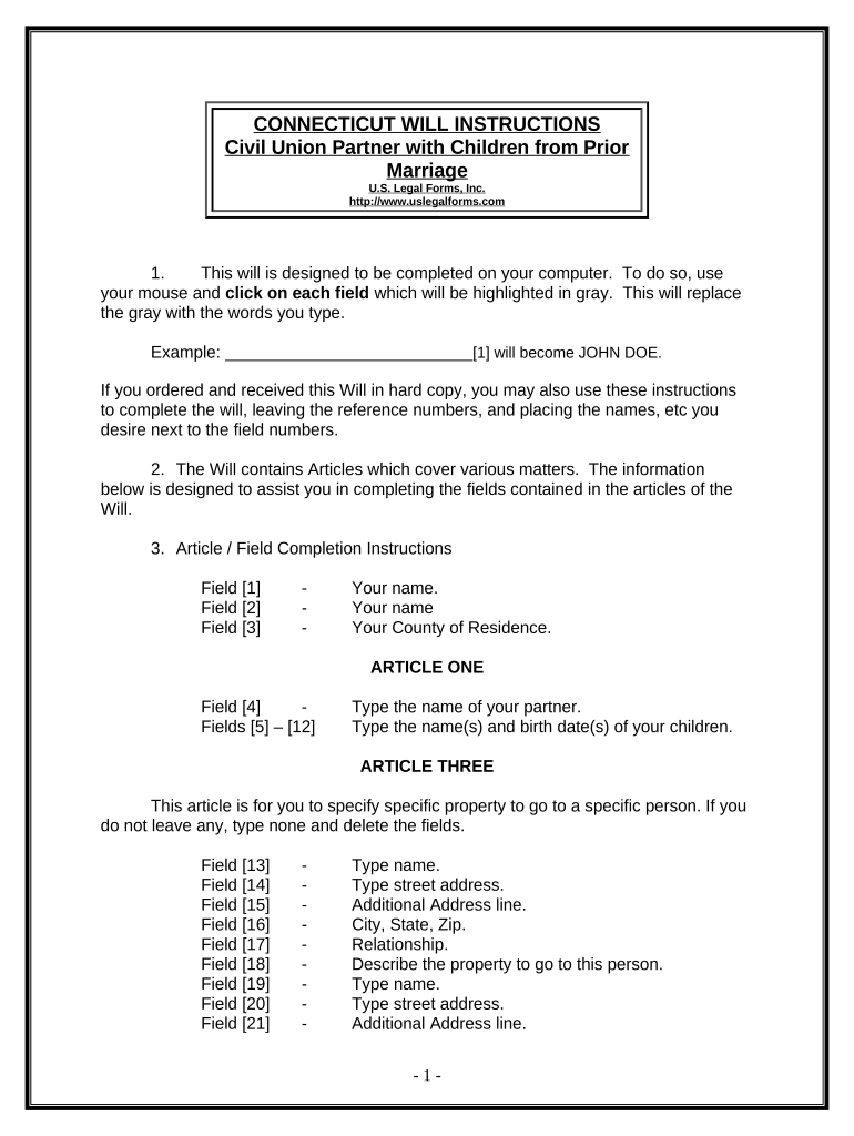 Legal Last Will and Testament Form for Civil Union Partner with Adult and Minor Children from Prior Marriage Connecticut